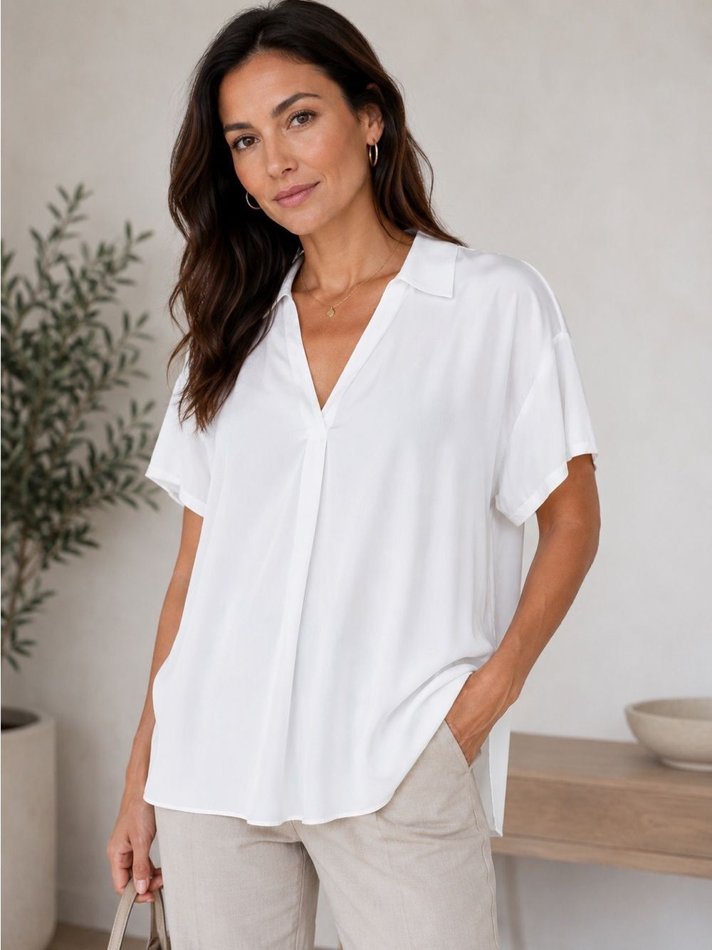 Chico's White Solid Trapeze Poplin Short Sleeve Blouse Top Size L